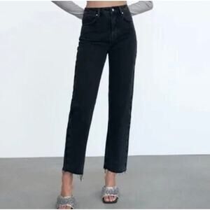 ZARA High Rise Straight Leg Jean Black Wash Button Fly Raw Hem Women's 4